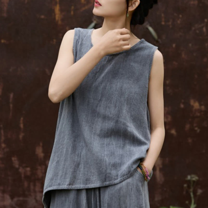 Chaleco de lino teñido anudado de verano con cuello redondo y sin mangas para mujer de Buddha Stones - Gris oscuro - US4, UK/AU8, UE36 (F) - image 10