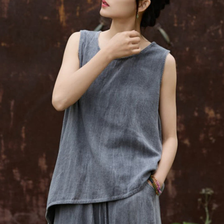 Chaleco de lino teñido anudado de verano con cuello redondo y sin mangas para mujer de Buddha Stones - Gris oscuro - US4, UK/AU8, UE36 (F) - image 10
