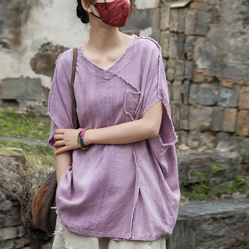 Camisetas de lino con cuello en V y manga corta para mujer con estampado tie-dye de Buddha Stones - Ciruela - US4-14, UK/AU8-18, EU36-46 (F) - image 1