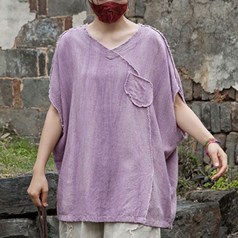 Camisetas de lino con cuello en V y manga corta para mujer con estampado tie-dye de Buddha Stones - image 6