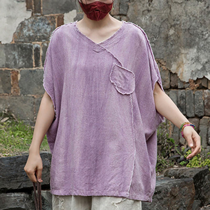 Camisetas de lino con cuello en V y manga corta para mujer con estampado tie-dye de Buddha Stones - image 6