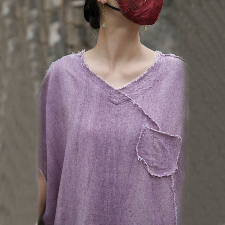 Camisetas de lino con cuello en V y manga corta para mujer con estampado tie-dye de Buddha Stones - image 9