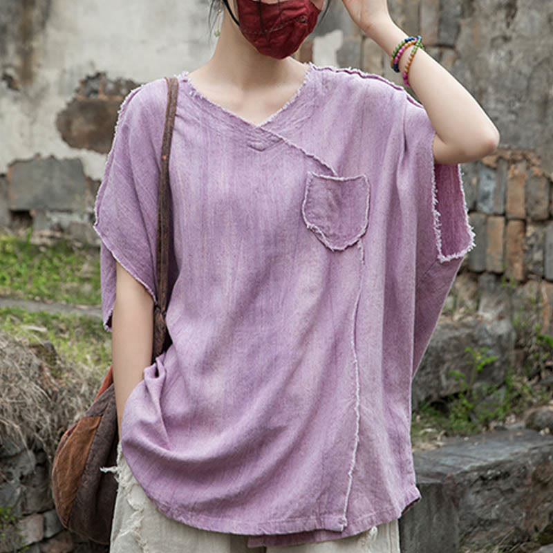 Camisetas de lino con cuello en V y manga corta para mujer con estampado tie-dye de Buddha Stones - image 2