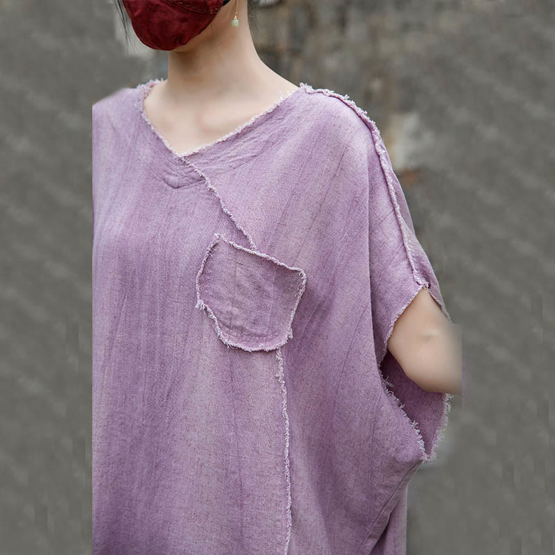 Camisetas de lino con cuello en V y manga corta para mujer con estampado tie-dye de Buddha Stones - image 10