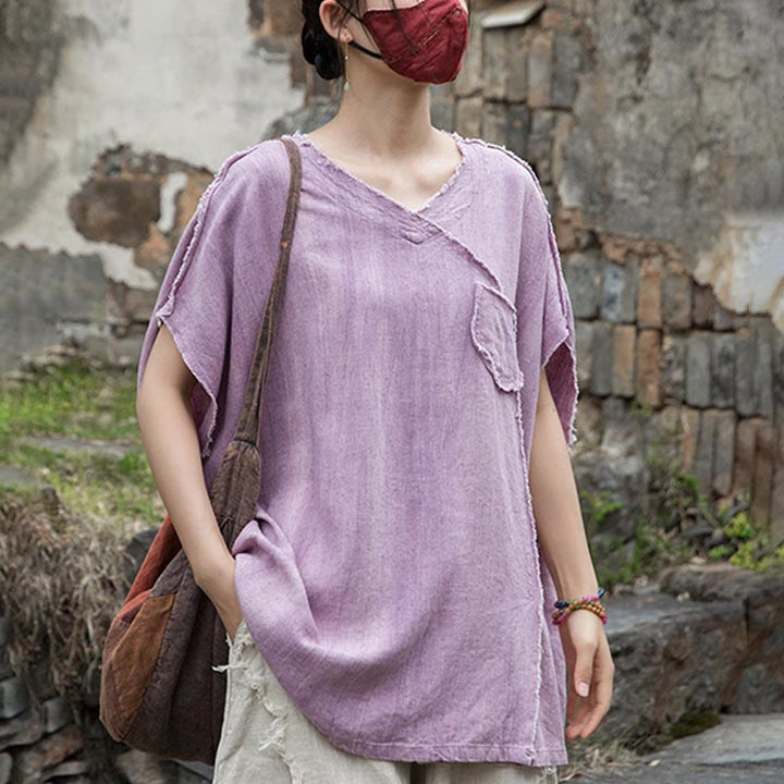 Camisetas de lino con cuello en V y manga corta para mujer con estampado tie-dye de Buddha Stones - image 7