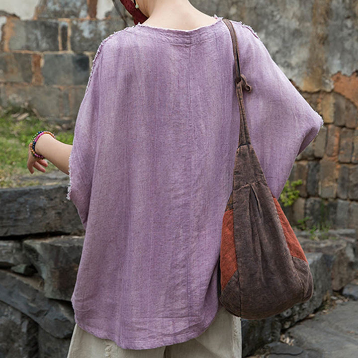 Camisetas de lino con cuello en V y manga corta para mujer con estampado tie-dye de Buddha Stones - image 5