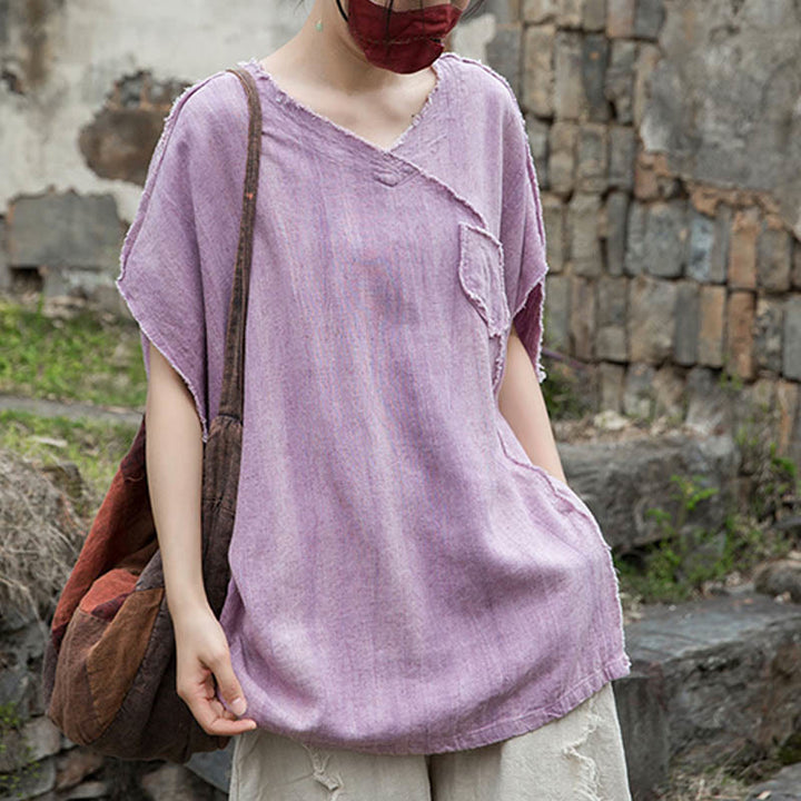 Camisetas de lino con cuello en V y manga corta para mujer con estampado tie-dye de Buddha Stones - image 4