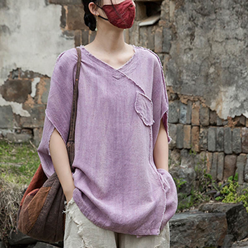Camisetas de lino con cuello en V y manga corta para mujer con estampado tie-dye de Buddha Stones - image 8