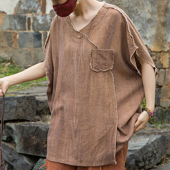 Camisetas de lino con cuello en V y manga corta para mujer con estampado tie-dye de Buddha Stones - image 14