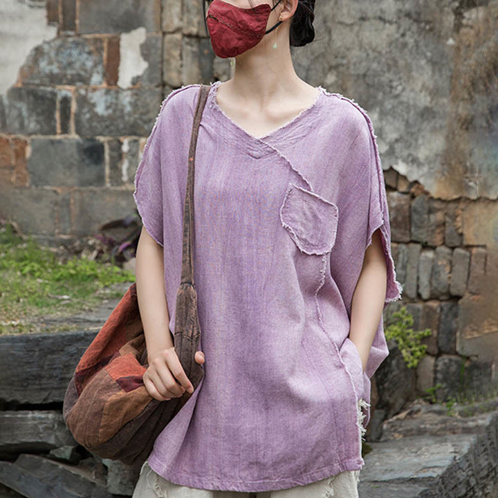 Camisetas de lino con cuello en V y manga corta para mujer con estampado tie-dye de Buddha Stones - image 3