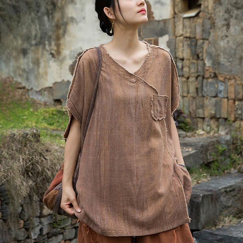 Camisetas de lino con cuello en V y manga corta para mujer con estampado tie-dye de Buddha Stones - image 17
