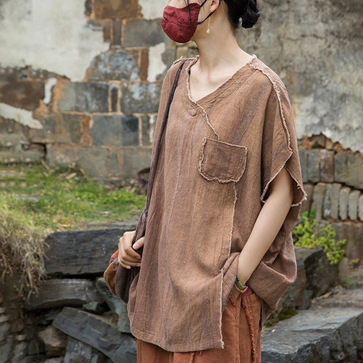 Camisetas de lino con cuello en V y manga corta para mujer con estampado tie-dye de Buddha Stones - image 18
