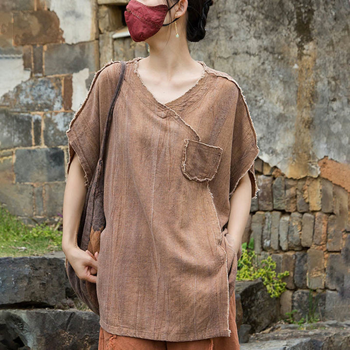 Camisetas de lino con cuello en V y manga corta para mujer con estampado tie-dye de Buddha Stones - image 20