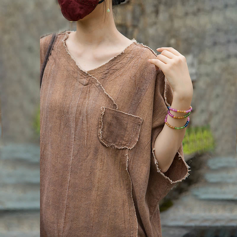 Camisetas de lino con cuello en V y manga corta para mujer con estampado tie-dye de Buddha Stones - image 22