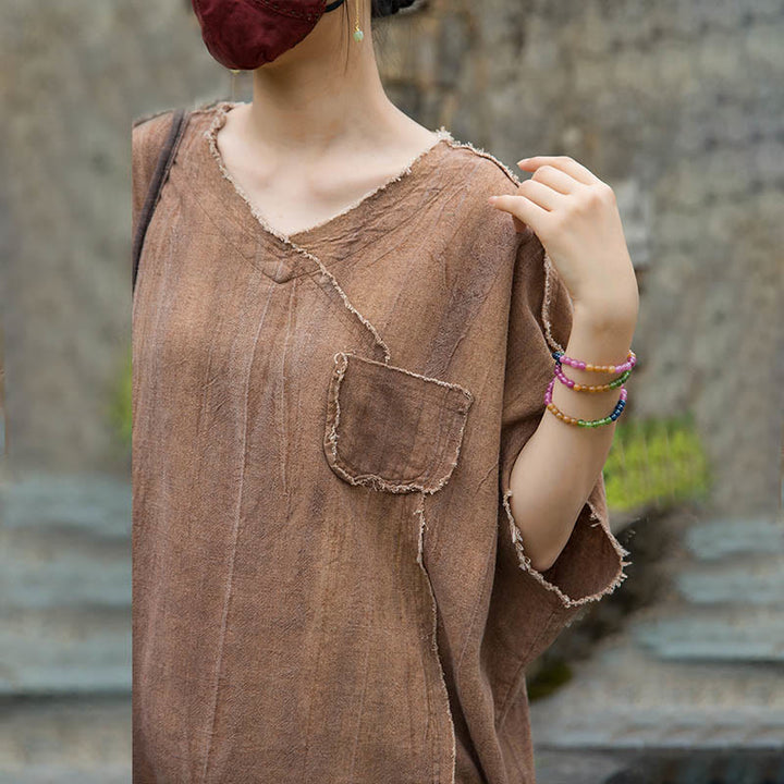Camisetas de lino con cuello en V y manga corta para mujer con estampado tie-dye de Buddha Stones - image 22