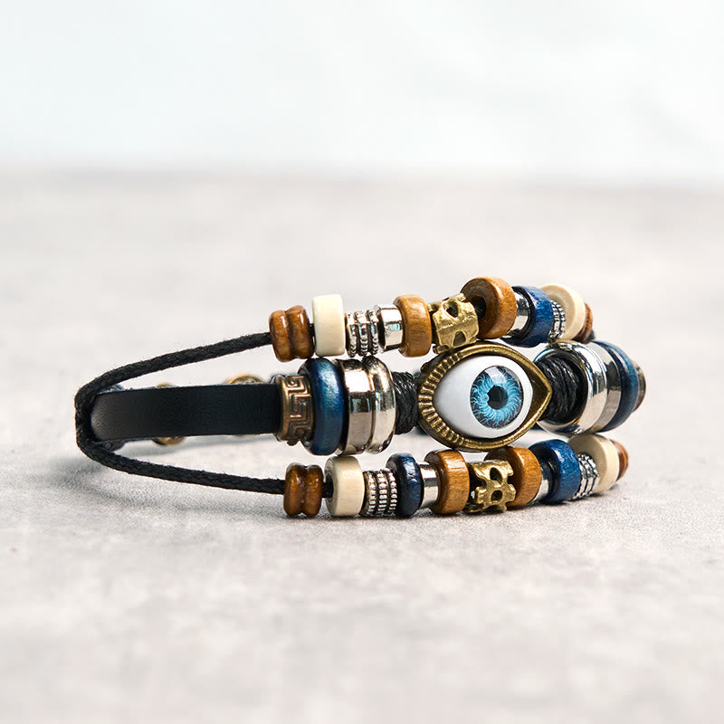 Pulsera de cuero ajustable con protección de ojo malvado tibetano y Buddha Stones