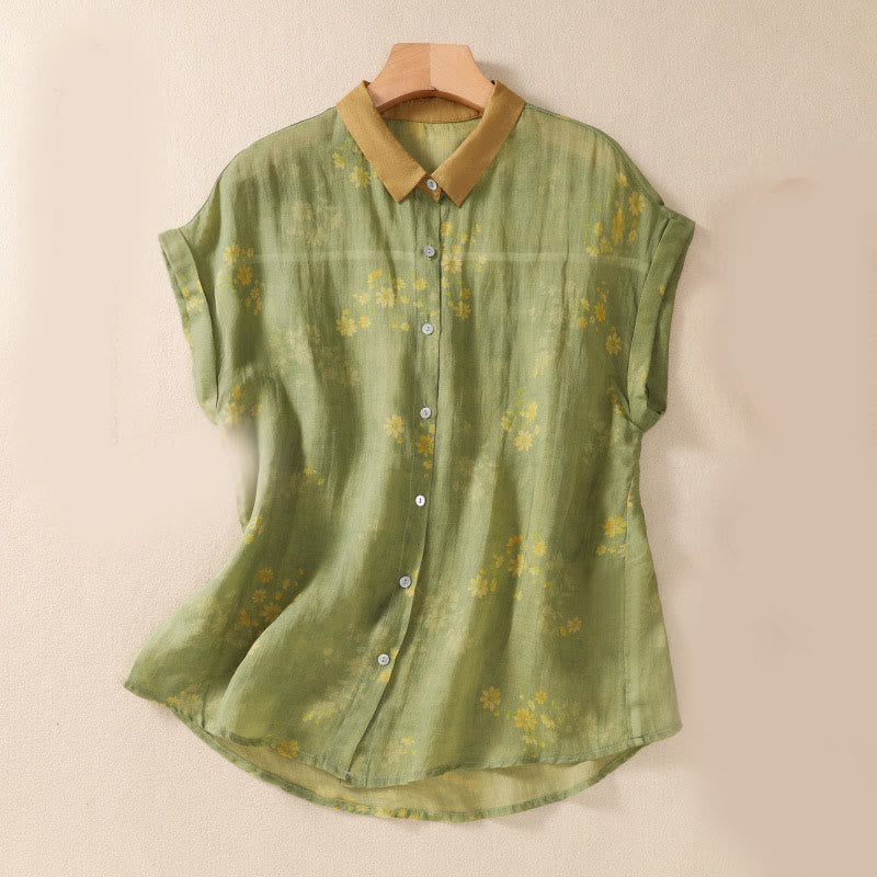 Camisa de manga corta para mujer con estampado de Buddha Stones, flores amarillas pequeñas, hojas y botones. - Verde amarillento - US8-10，UK/AU12-14，EU40-42 (2XL) - image 0