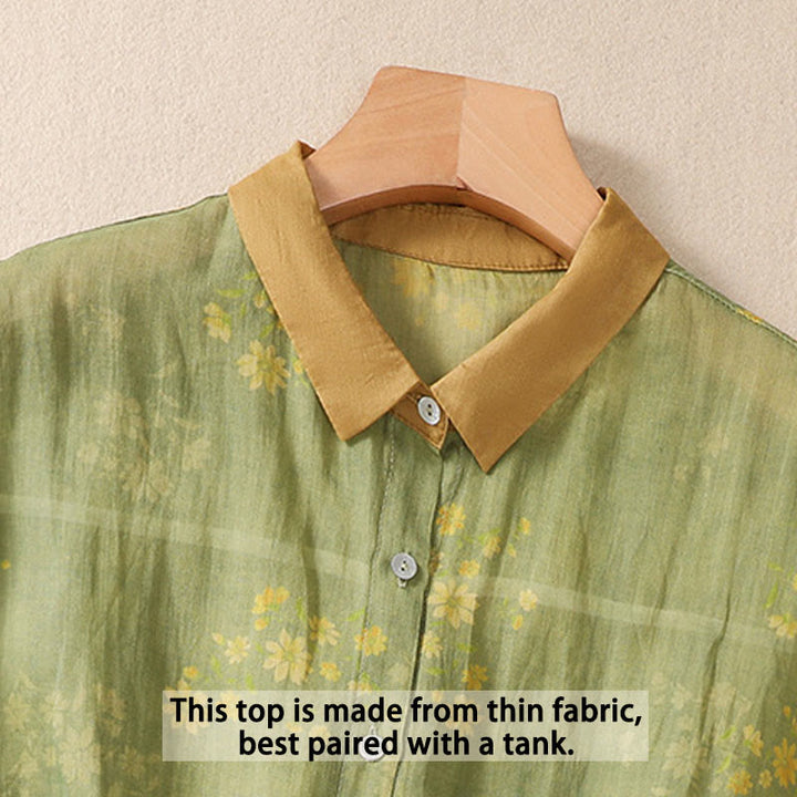 Camisa de manga corta para mujer con estampado de Buddha Stones, flores amarillas pequeñas, hojas y botones. - image 3