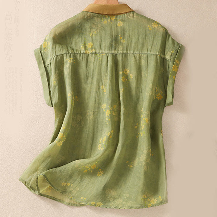 Camisa de manga corta para mujer con estampado de Buddha Stones, flores amarillas pequeñas, hojas y botones. - image 2