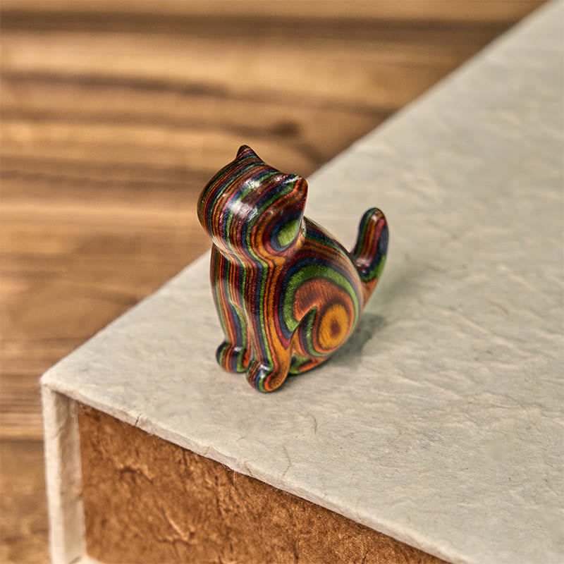 2 mini Buddha Stones de eucalipto arcoíris con forma de gato sentado talladas para reducir el estrés. - image 12