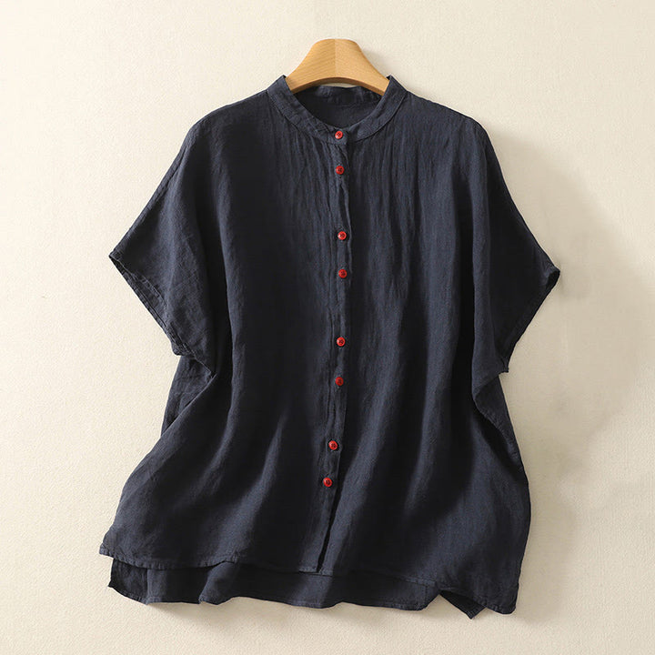 Camisa de lino y algodón de manga corta para mujer con botones rojos y lisos de verano Buddha Stones - Azul medianoche - US14，UK/AU18，EU46 (2XL) - image 1