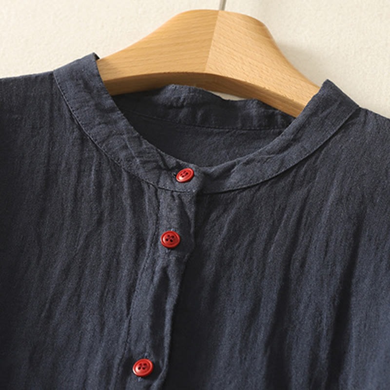 Camisa de lino y algodón de manga corta para mujer con botones rojos y lisos de verano Buddha Stones - image 2