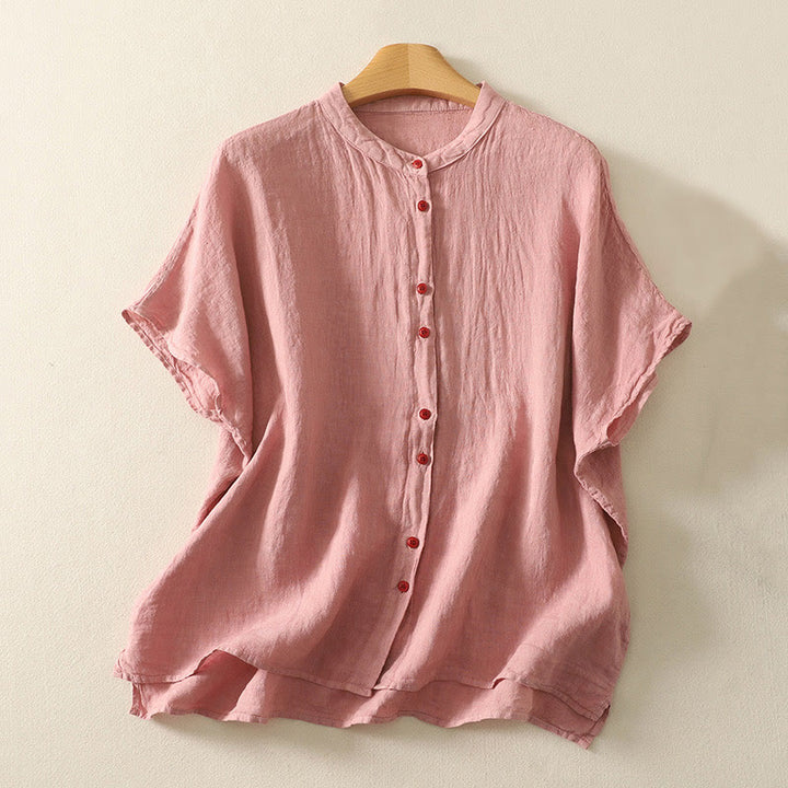 Camisa de lino y algodón de manga corta para mujer con botones rojos y lisos de verano Buddha Stones - Salmón oscuro - US14，UK/AU18，EU46 (2XL) - image 5