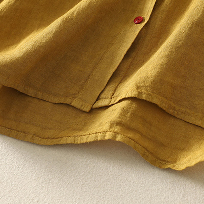 Camisa de lino y algodón de manga corta para mujer con botones rojos y lisos de verano Buddha Stones - image 19