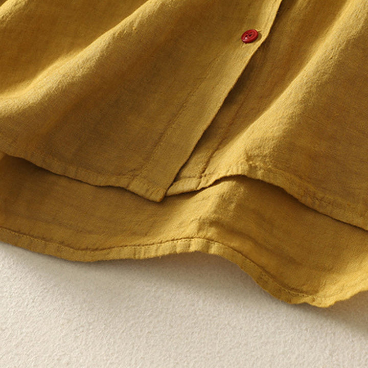 Camisa de lino y algodón de manga corta para mujer con botones rojos y lisos de verano Buddha Stones - image 19
