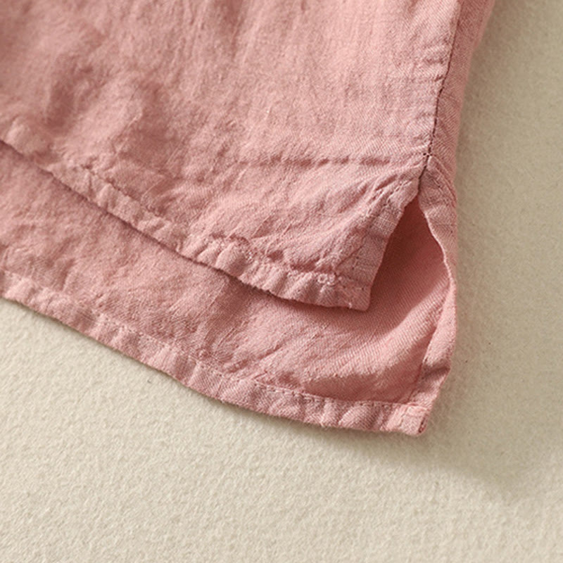 Camisa de lino y algodón de manga corta para mujer con botones rojos y lisos de verano Buddha Stones - image 14