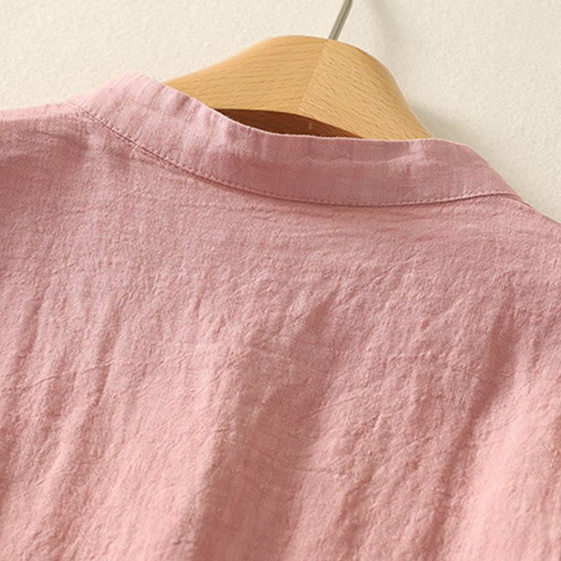 Camisa de lino y algodón de manga corta para mujer con botones rojos y lisos de verano Buddha Stones - image 8