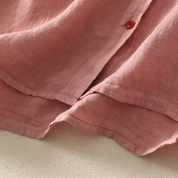 Camisa de lino y algodón de manga corta para mujer con botones rojos y lisos de verano Buddha Stones - image 12