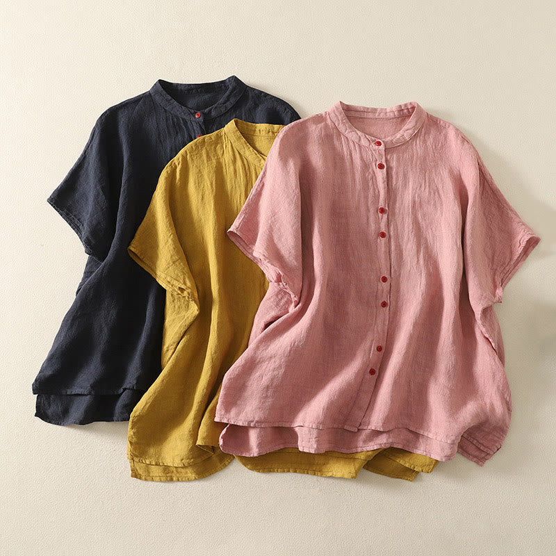 Camisa de lino y algodón de manga corta para mujer con botones rojos y lisos de verano Buddha Stones - image 20