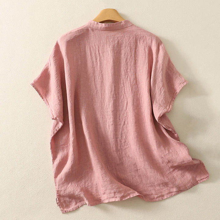 Camisa de lino y algodón de manga corta para mujer con botones rojos y lisos de verano Buddha Stones - image 6