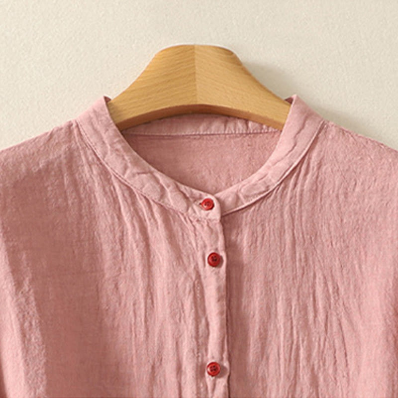 Camisa de lino y algodón de manga corta para mujer con botones rojos y lisos de verano Buddha Stones - image 7