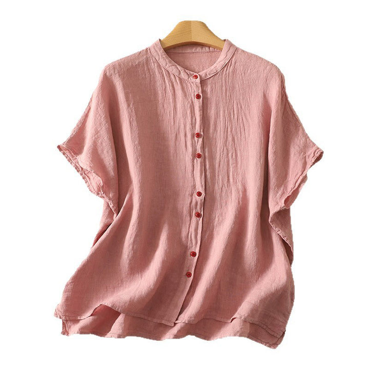 Camisa de lino y algodón de manga corta para mujer con botones rojos y lisos de verano Buddha Stones - image 15