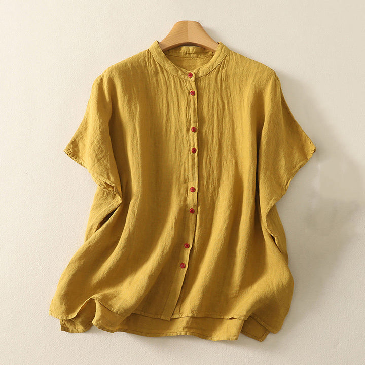 Camisa de lino y algodón de manga corta para mujer con botones rojos y lisos de verano Buddha Stones - Vara de oro - US14，UK/AU18，EU46 (2XL) - image 16