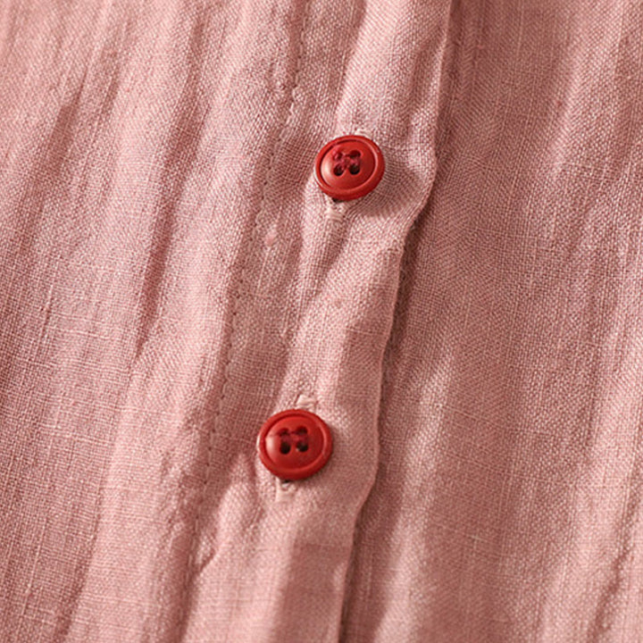 Camisa de lino y algodón de manga corta para mujer con botones rojos y lisos de verano Buddha Stones - image 9