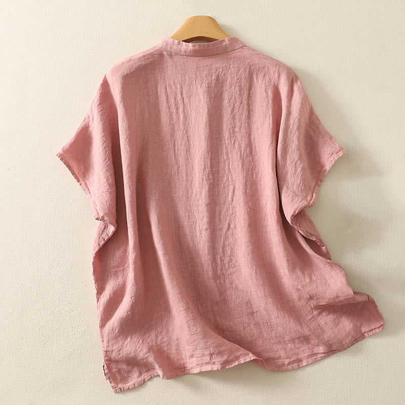 Camisa de mujer de manga corta con botones rojos lisos y estampado de Buddha Stones para verano. - image 5