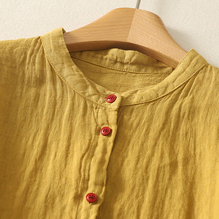 Camisa de lino y algodón de manga corta para mujer con botones rojos y lisos de verano Buddha Stones - image 17