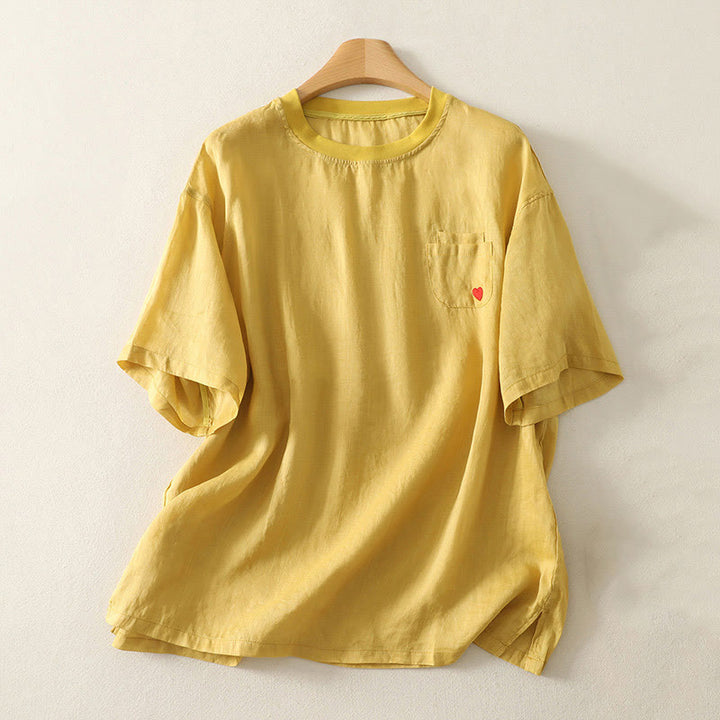 Camiseta de lino y algodón para mujer, de manga corta, con bordado informal de Buddha Stones y corazón rojo - Oro - US14，UK/AU18，EU46 (2XL) - image 10