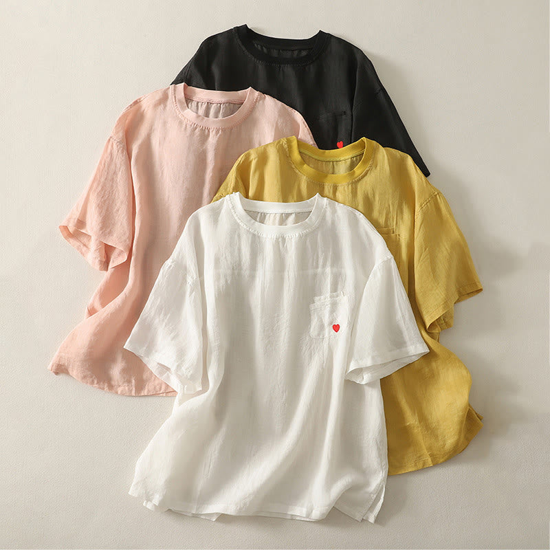 Camiseta de lino y algodón para mujer, de manga corta, con bordado informal de Buddha Stones y corazón rojo - image 20