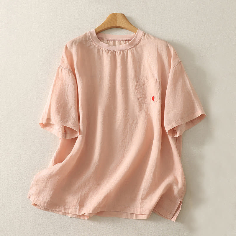 Camiseta de lino y algodón para mujer, de manga corta, con bordado informal de Buddha Stones y corazón rojo - Salmón claro - US14，UK/AU18，EU46 (2XL) - image 1