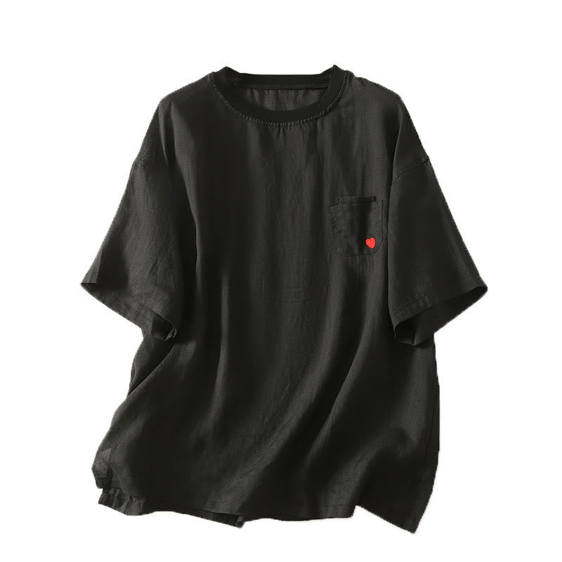 Camiseta de lino y algodón para mujer, de manga corta, con bordado informal de Buddha Stones y corazón rojo - image 18