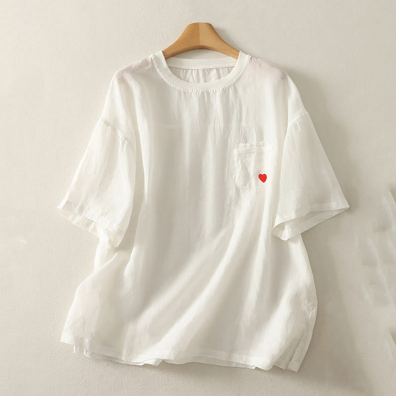 Camiseta de lino y algodón para mujer, de manga corta, con bordado informal de Buddha Stones y corazón rojo - Blanco - US14，UK/AU18，EU46 (2XL) - image 4