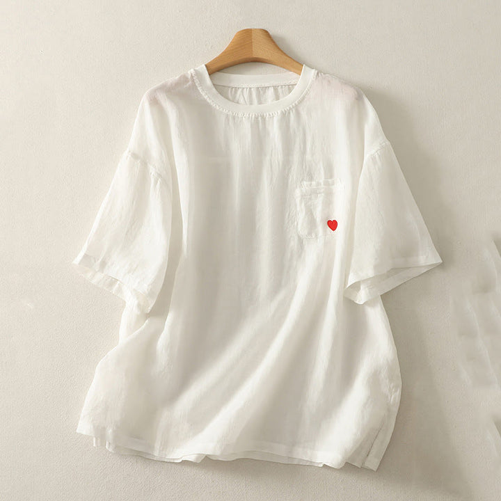Camiseta de lino y algodón para mujer, de manga corta, con bordado informal de Buddha Stones y corazón rojo - Blanco - US14，UK/AU18，EU46 (2XL) - image 4