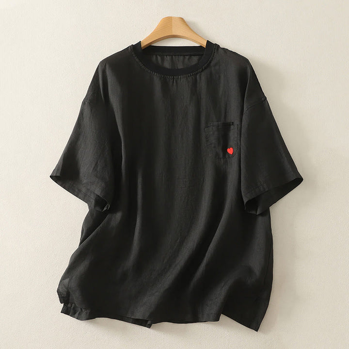 Camiseta de lino y algodón para mujer, de manga corta, con bordado informal de Buddha Stones y corazón rojo - Negro - US14，UK/AU18，EU46 (2XL) - image 14