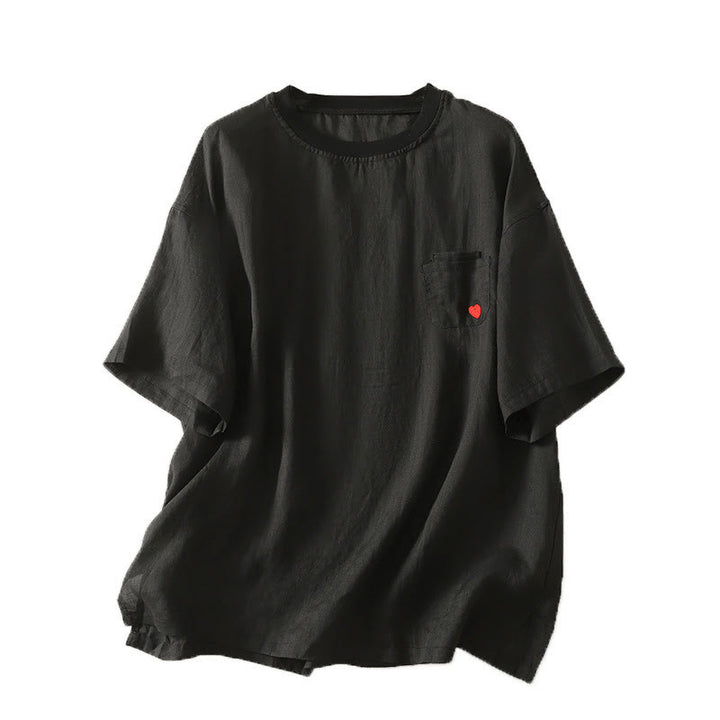 Camiseta de lino y algodón para mujer, de manga corta, con bordado informal de Buddha Stones y corazón rojo - image 19