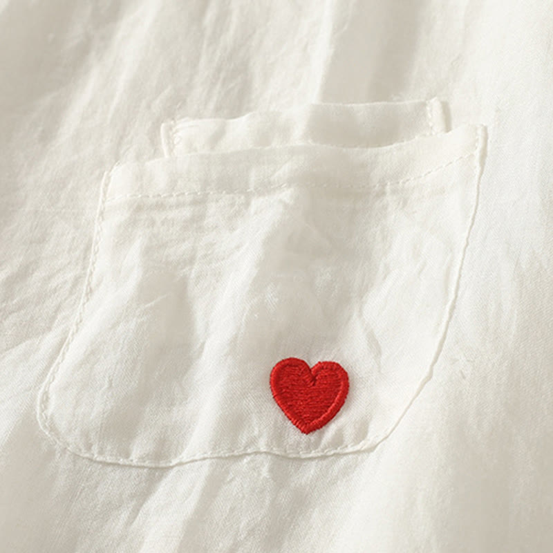 Camiseta de lino y algodón para mujer, de manga corta, con bordado informal de Buddha Stones y corazón rojo - image 7