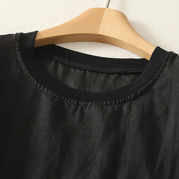 Camiseta de lino y algodón para mujer, de manga corta, con bordado informal de Buddha Stones y corazón rojo - image 15